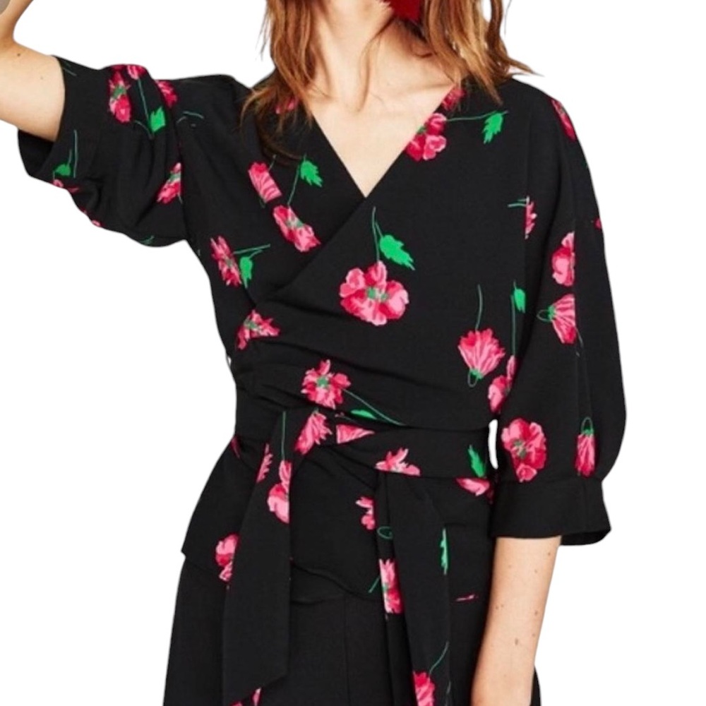 Zara Black and Pink Floral Printed Wrap Tie Waist Cropped Blouse - L
